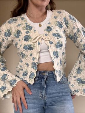 Sincerly Jules Cream Cardigan with Blue Floral Knit